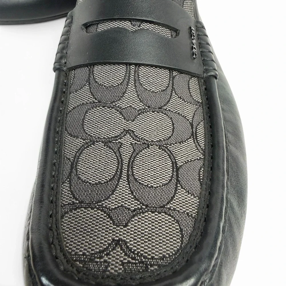 Coach Liam Driver Black Leather Loafers with Jacquard Logo Print Size 11.5 US